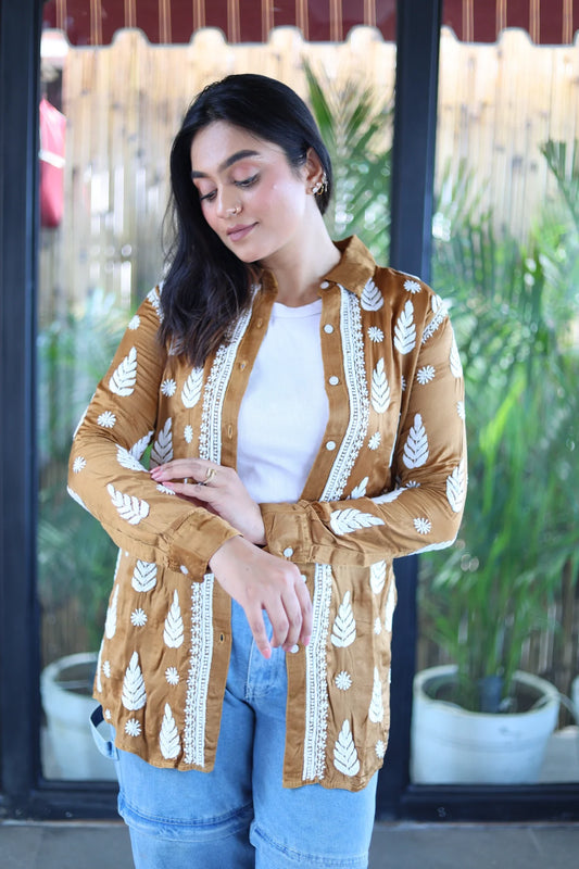 Zohra Sepia Brown Satin Shirt Shrug