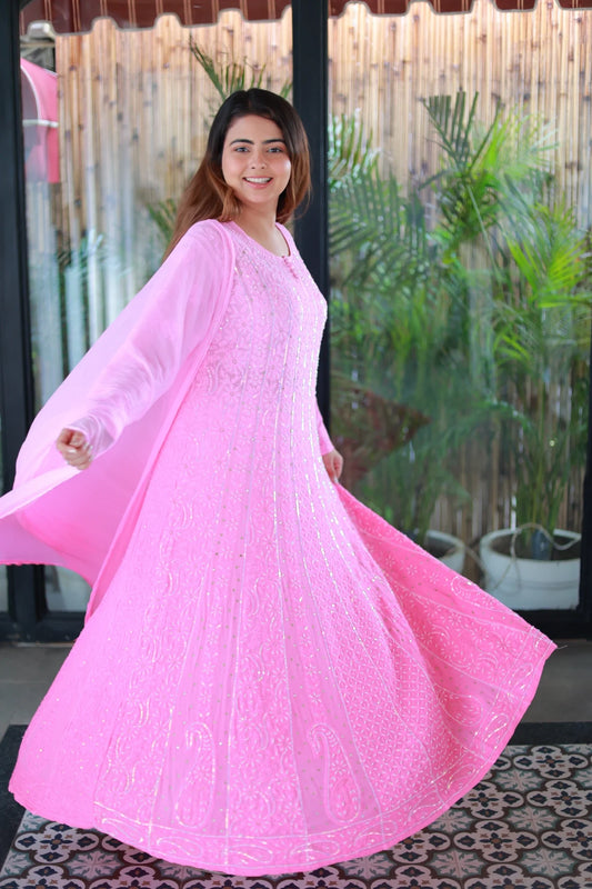 Jasmin Pink Ombre Anarkali Dupatta Set With Beads & Sequence Work