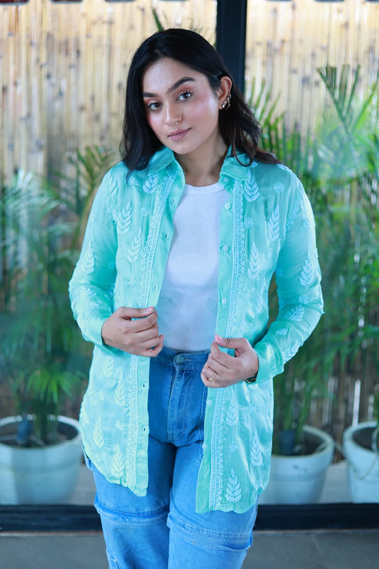Zohra Sea Green Satin Shirt Shrug