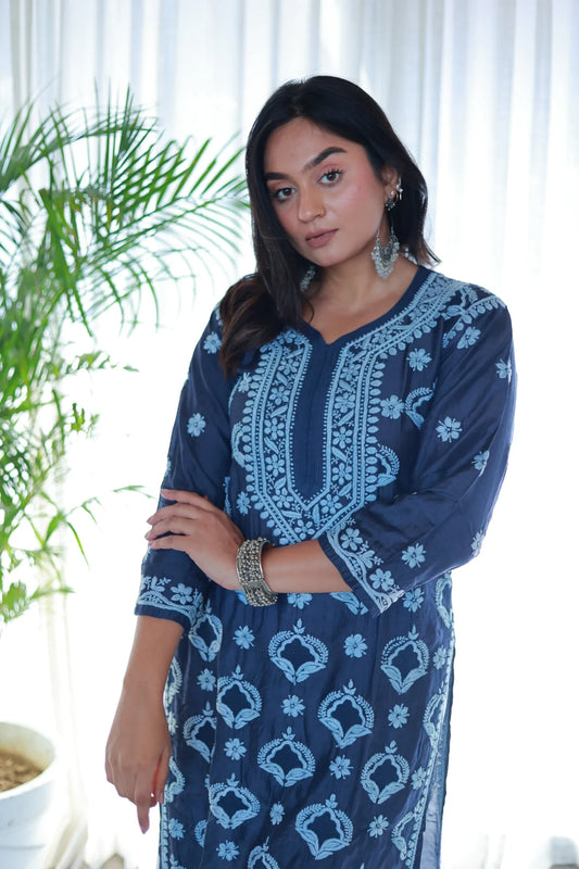 Guzaarish Navy Blue Muslin Jaal Kurti