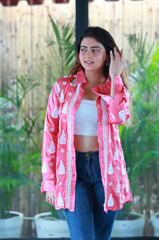Zohra Gajari Pink Satin Shirt Shrug