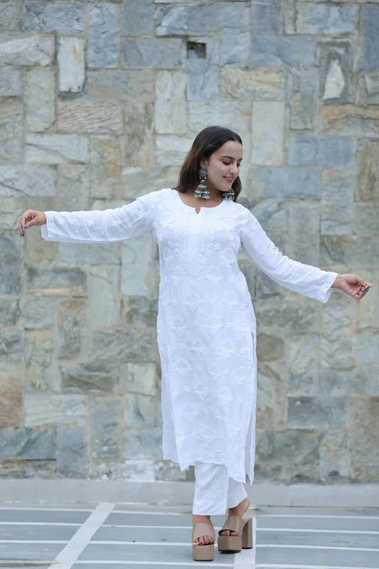 Pure White Muslin Silky Kurti With Crosia Jaal Work