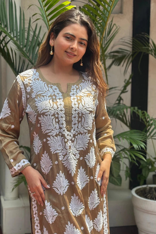 Husn Brown Satin Kurti