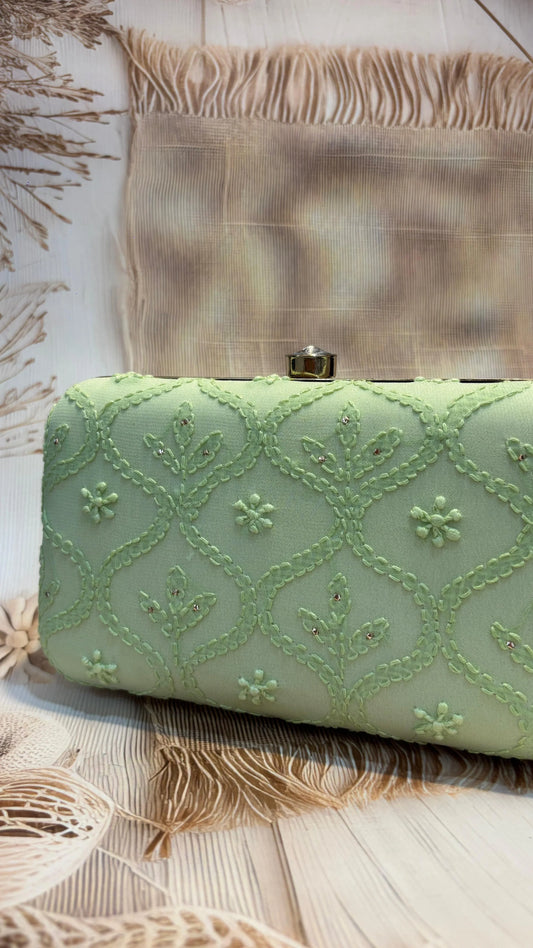 Elegant Hand Embroidered Pista Green Chikankari Floral Clutch