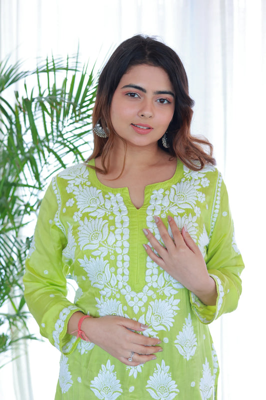 Husn Green Satin Kurti