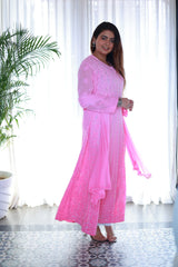 Jasmin Pink Ombre Anarkali Dupatta Set With Beads & Sequence Work