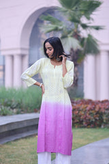 Sama Yellow Purple Double Shaded Muslin Kurti With Mukesh