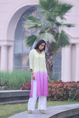 Sama Yellow Purple Double Shaded Muslin Kurti With Mukesh