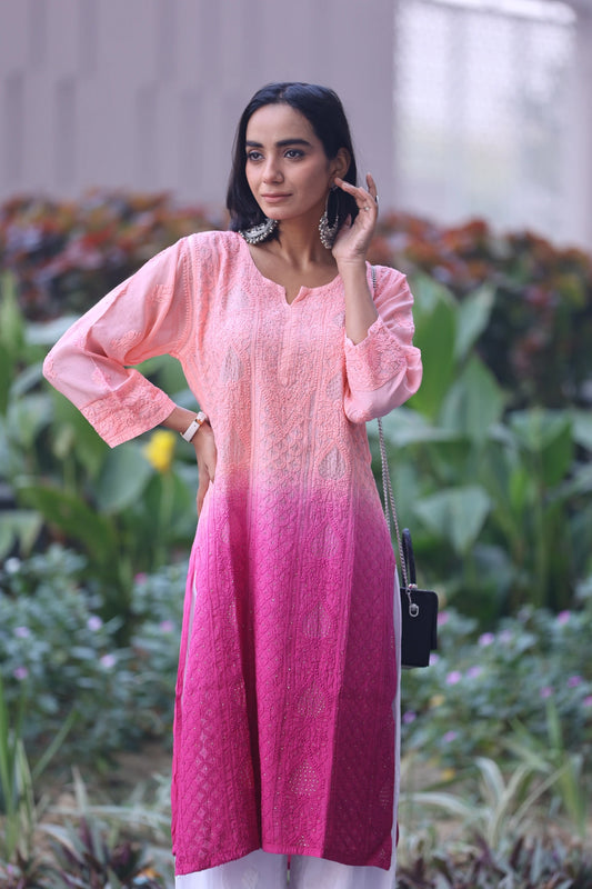 Sama Pink Magenta Double Shaded Muslin Kurti With Mukesh