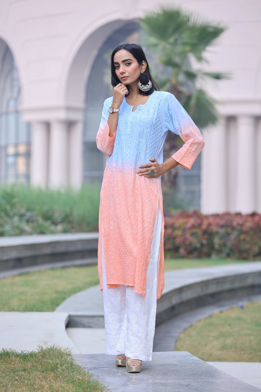 Sama Blue Peach Double Shaded Muslin Kurti With Mukesh