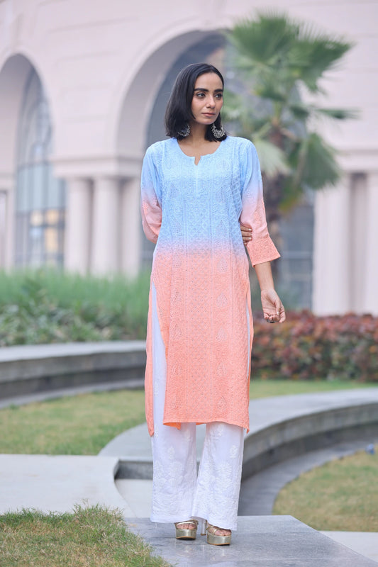 Sama Blue Peach Double Shaded Muslin Kurti With Mukesh