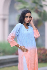 Sama Blue Peach Double Shaded Muslin Kurti With Mukesh