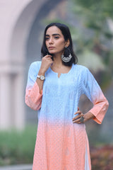 Sama Blue Peach Double Shaded Muslin Kurti With Mukesh