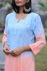 Sama Blue Peach Double Shaded Muslin Kurti With Mukesh