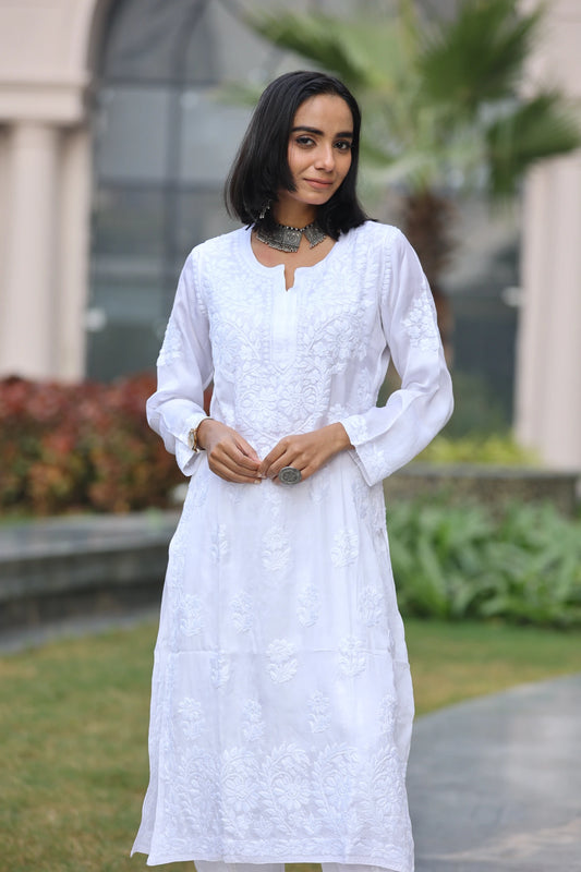 Rukhsar Pearl White Satin Kurti