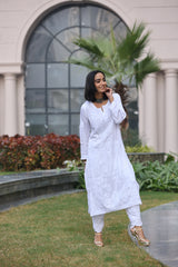 Rukhsar Pearl White Satin Kurti