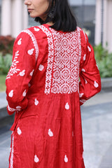 Firdaus Red Modal Satin Kurti