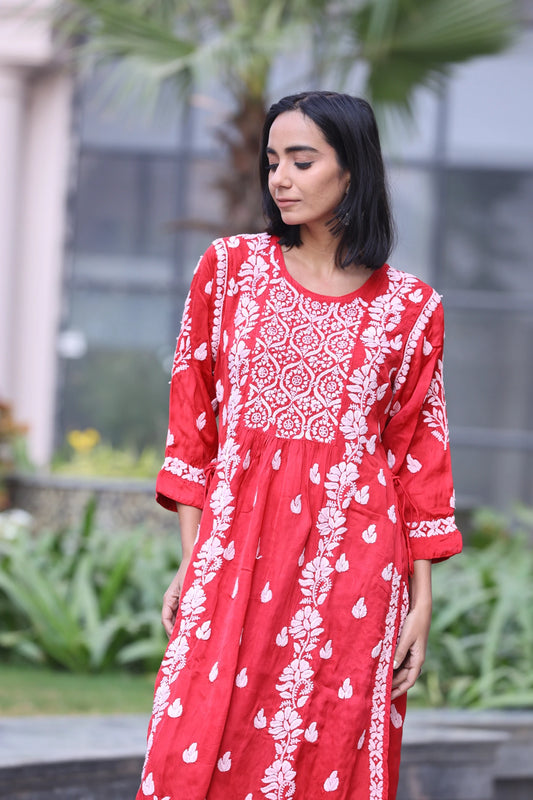 Firdaus Red Modal Satin Kurti