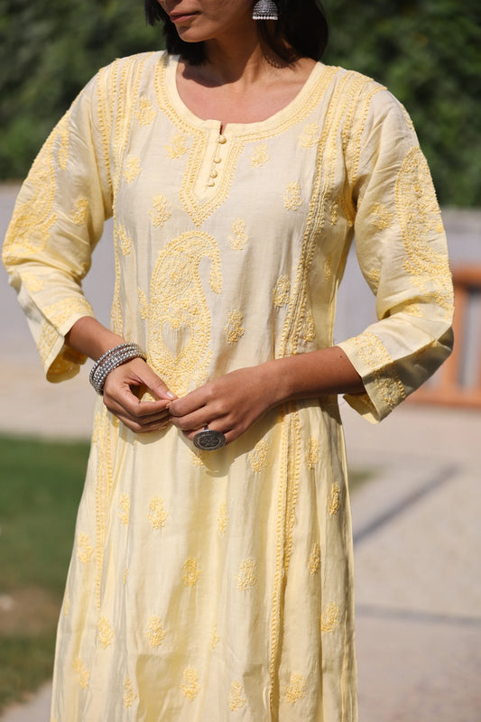 Daania Yellow Muslin A-Line Kurti