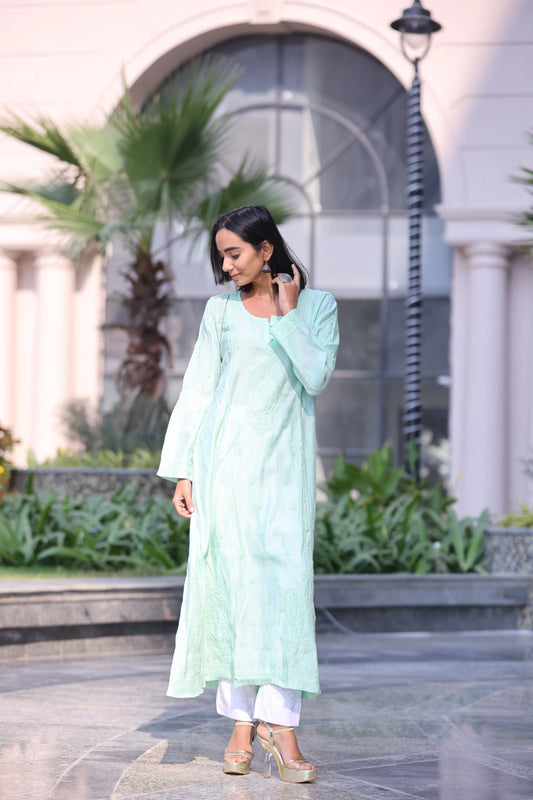 Daania Sea Green Muslin A-Line Kurti