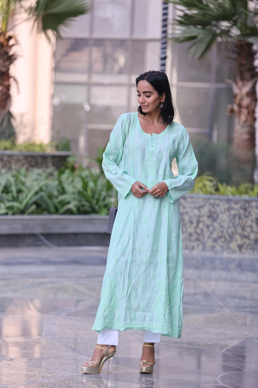 Daania Sea Green Muslin A-Line Kurti