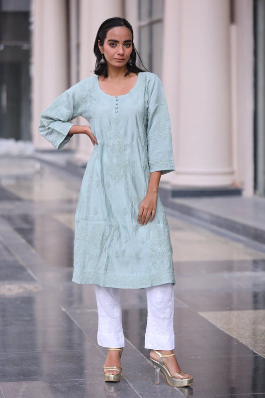 Daania Greyish Green Muslin A-Line Kurti