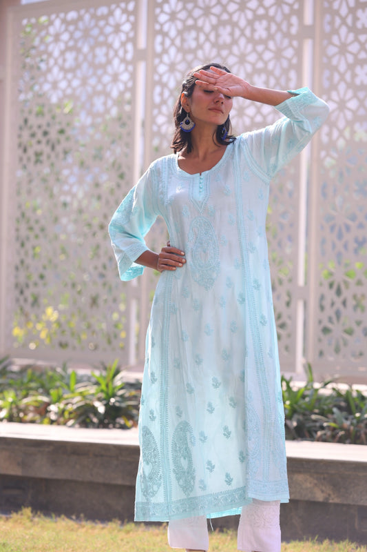 Daania Sea Blue Muslin A-Line Kurti