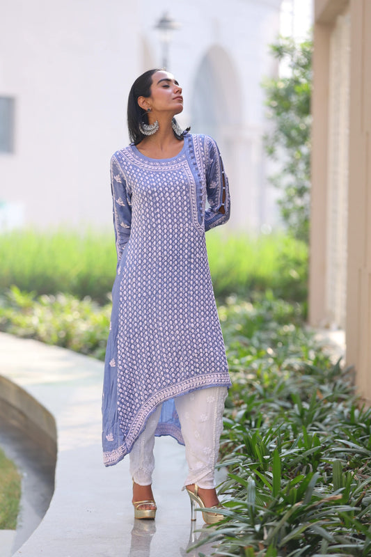 Kiara Cornflower Blue High Low Satin Kurti