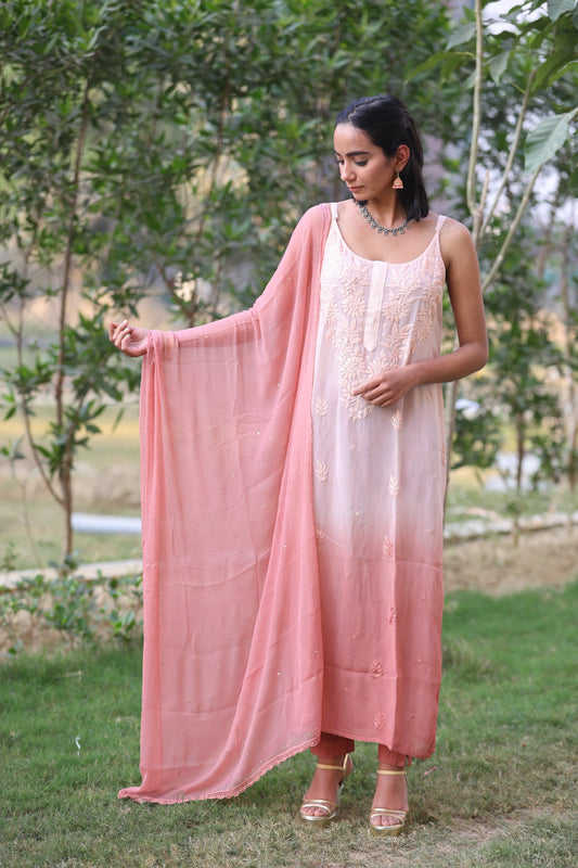 Ulfat Coffee Ombre Co-ord Set With Mukesh Dupatta