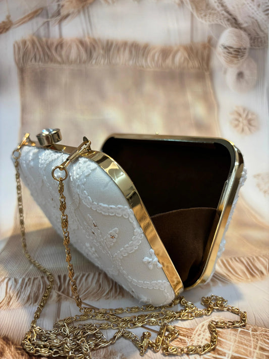 Elegant Hand Embroidered Snow White Chikankari Floral Clutch