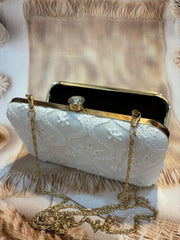 Elegant Hand Embroidered Snow White Chikankari Floral Clutch
