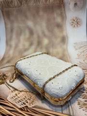 Elegant Hand Embroidered Snow White Chikankari Floral Clutch