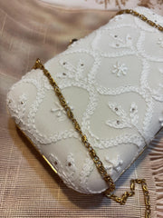 Elegant Hand Embroidered Snow White Chikankari Floral Clutch