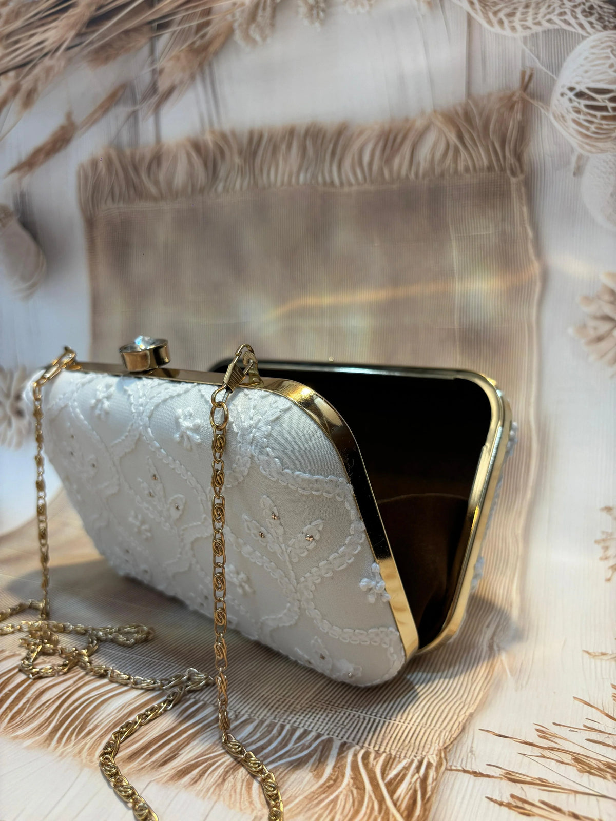 Elegant Hand Embroidered Snow White Chikankari Floral Clutch