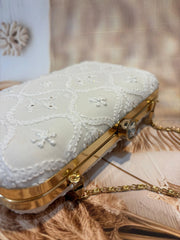 Elegant Hand Embroidered Snow White Chikankari Floral Clutch