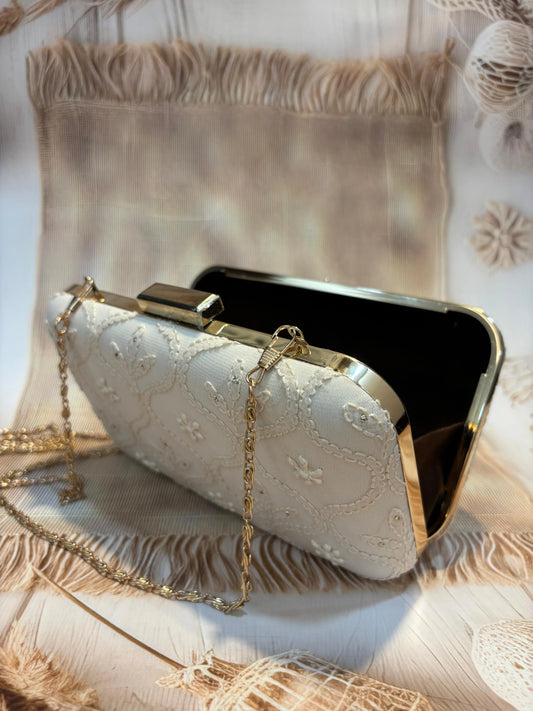 Elegant Hand Embroidered Fawn Chikankari Floral Clutch