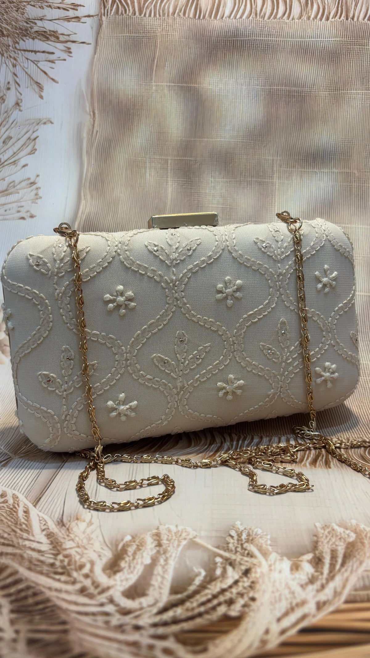 Elegant Hand Embroidered Fawn Chikankari Floral Clutch