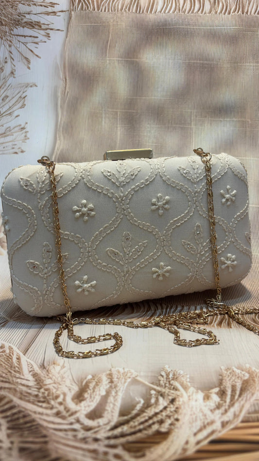 Elegant Hand Embroidered Fawn Chikankari Floral Clutch