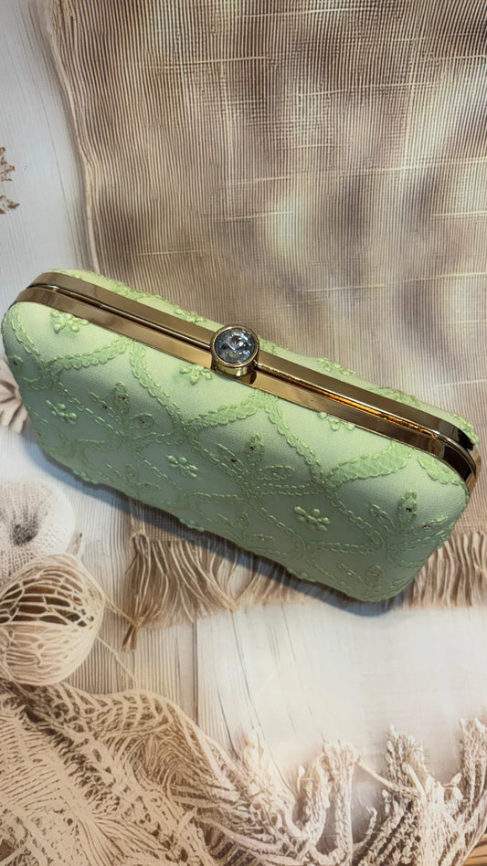 Elegant Hand Embroidered Pista Green Chikankari Floral Clutch