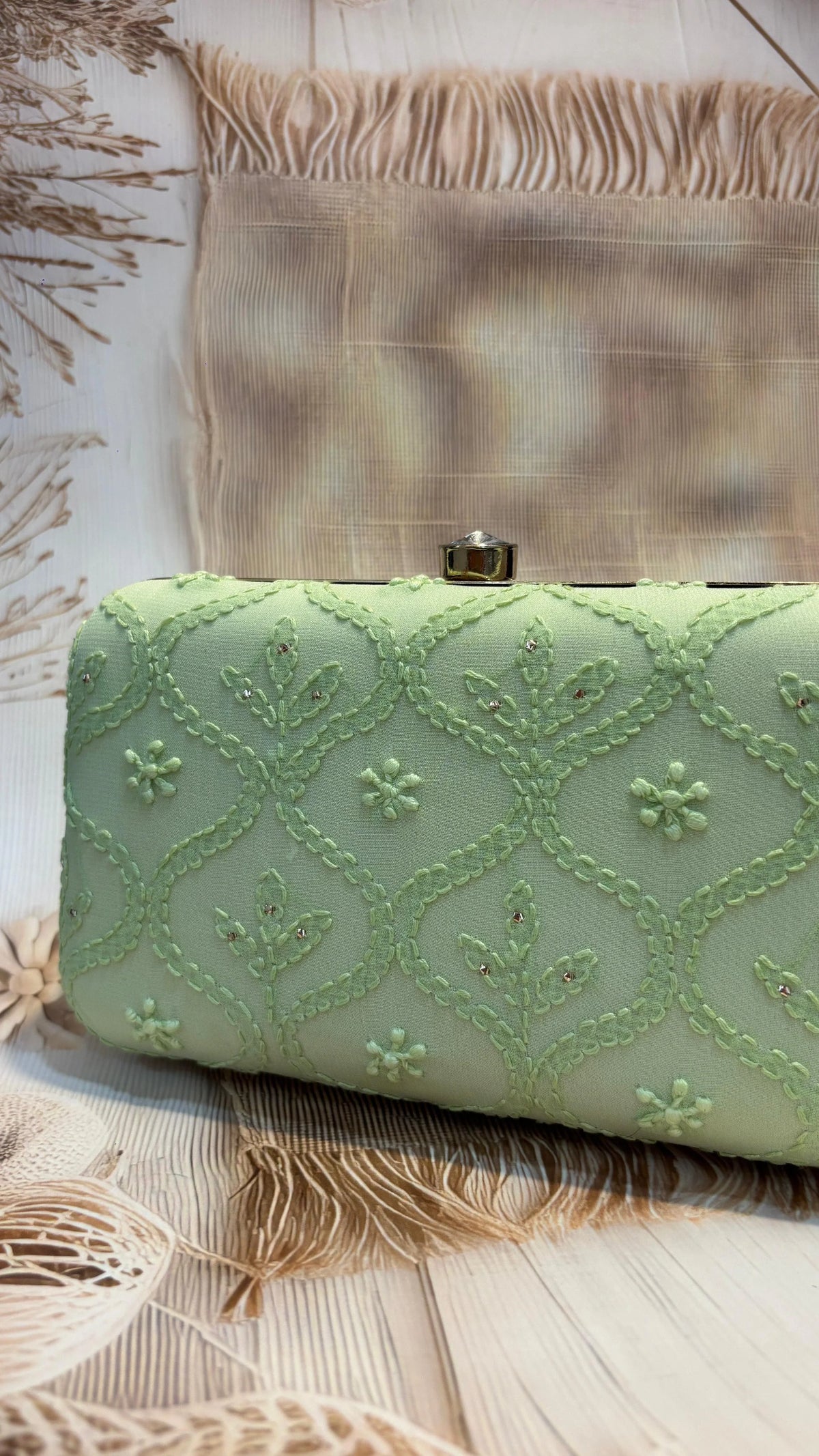 Elegant Hand Embroidered Pista Green Chikankari Floral Clutch