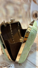 Elegant Hand Embroidered Pista Green Chikankari Floral Clutch