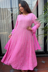 Jasmin Pink Ombre Anarkali Dupatta Set With Beads & Sequence Work